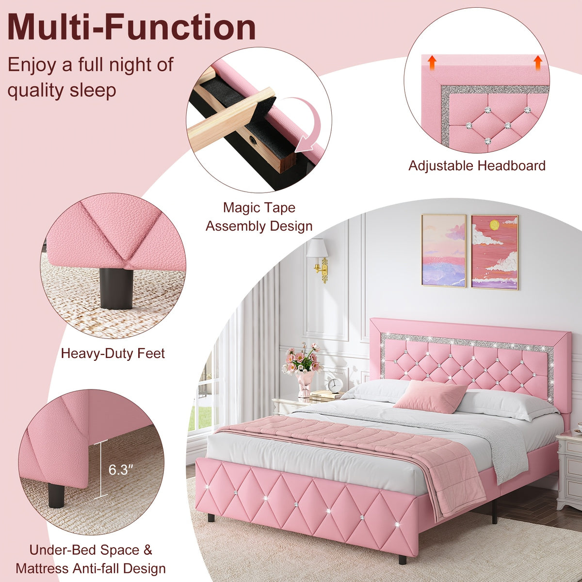 HOMBCK Twin Full Queen King Bed Frame, Padded Platform Bed with Button Tufting Headboard, Princess Platform Bed with Diamond Design, Halloween Decoration, Wooden Strip Support, No Spring Box Needed, Easy to Assemble, Pink/White/Black/Beige