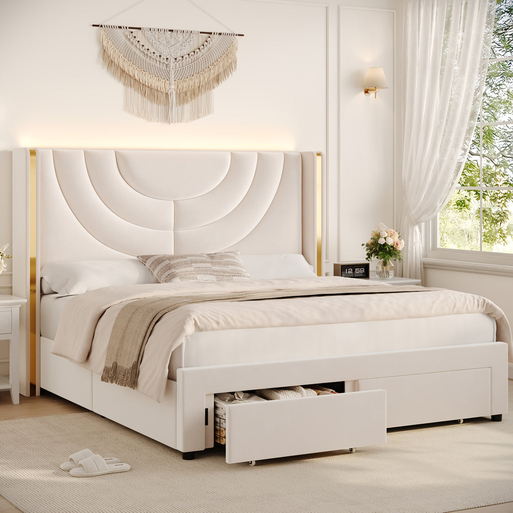 FULTRU Full/Queen/King Upholstered LED Bed Frame with 2 Storage Drawers, Velvet Platform Bed with Wingback Headboard, Solid Wooden Slats Support, No Box Spring Needed, Headboard Splicing Design, Halloween Home Decoration, Christmas Gifts