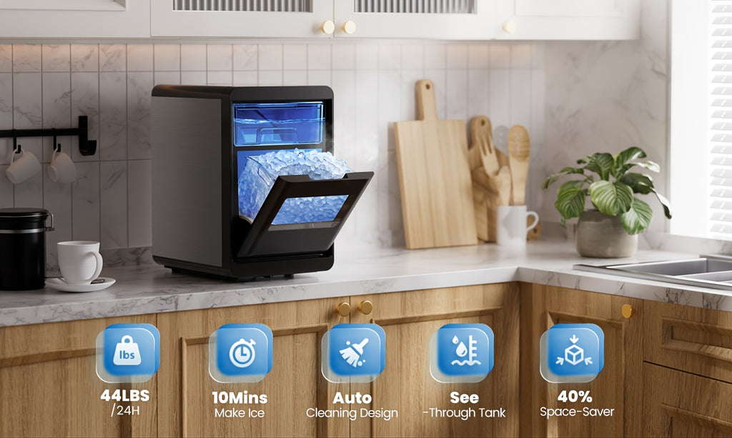 Nugget Ice Maker Countertop, 44 Lbs/Day, Soft Chewable Pebble Ice Machine with Stainless Steel Ice Scoop, for Home, Kitchen, Office, RV & Camping, Stainless Steel, Black