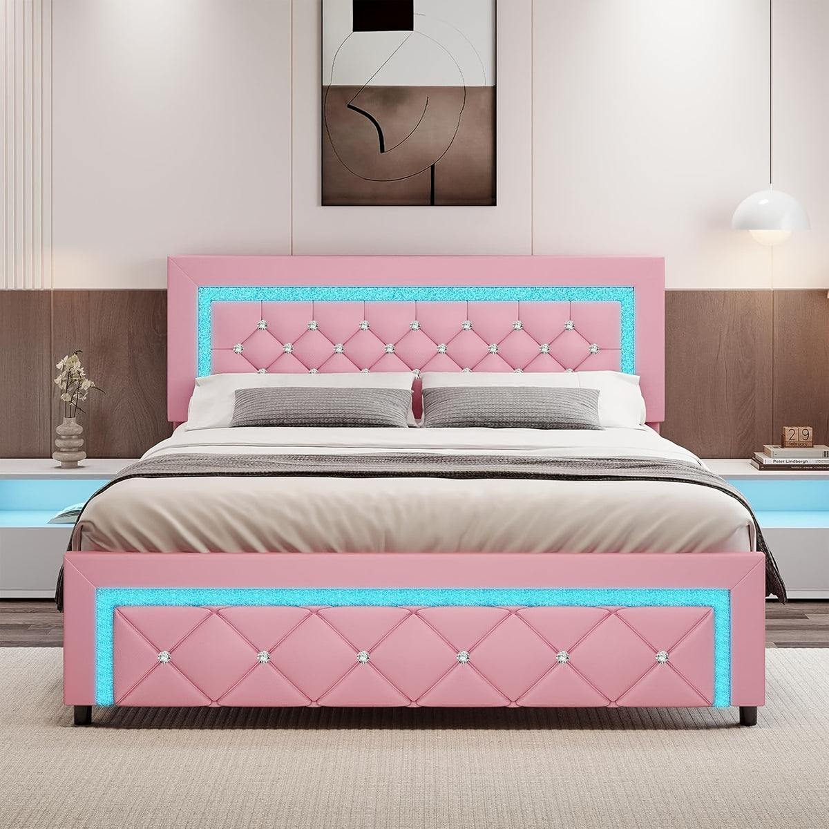 Twin Full Queen Bed Frame with LED Lights, Upholstered Platform Bed with Diamond Tufted Headboard, No Box Spring Needed, Noise Free, Easy Assembly, Black/Pink/White