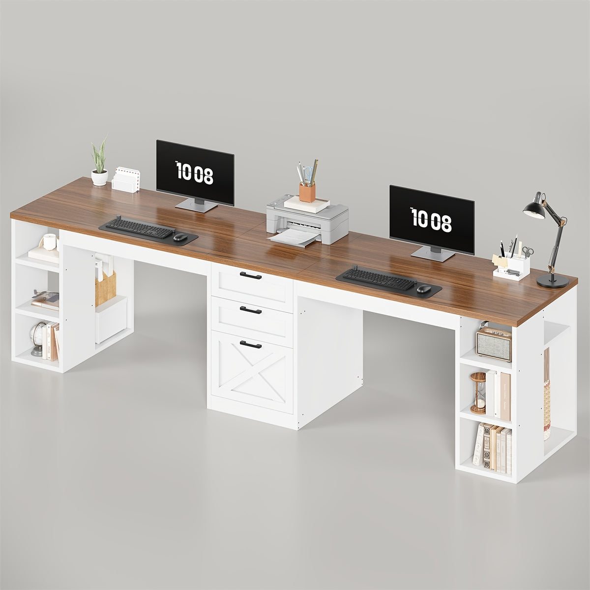 Two-Person Computer Desk, 96.5-Inch Farmhouse Workstation with 3 Drawers and Open Storage Shelves