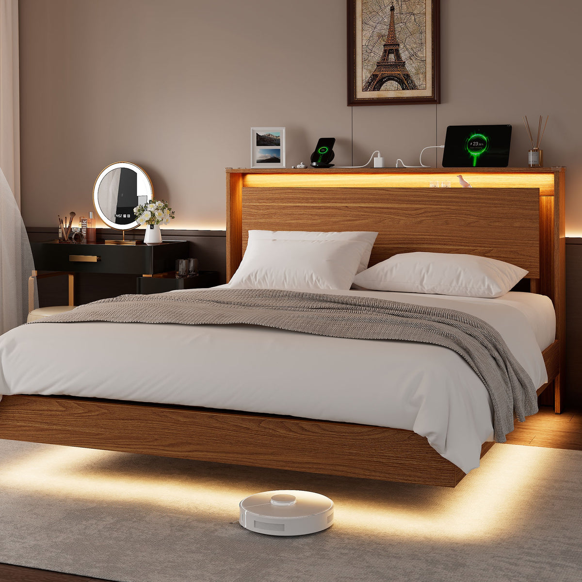 Floating Bed Frame with LED Lights & Charging Station, Heavy Duty Metal Support Frame, Easy Assembly, Bed Frame Without Mattres