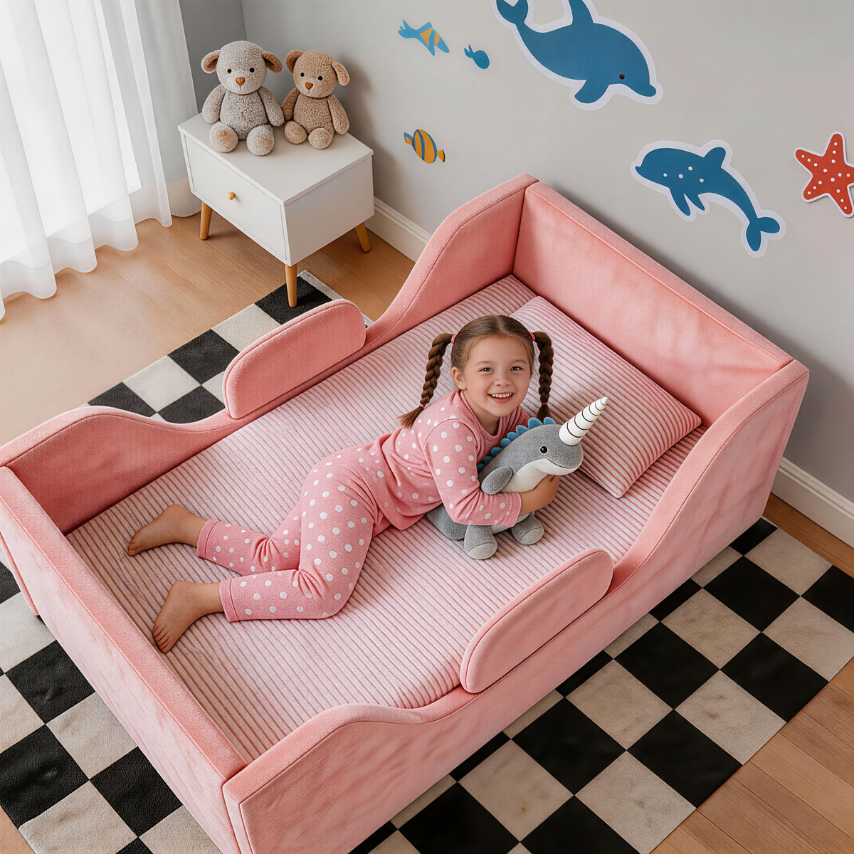 Toddler Floor Bed with Removable Safety Rails And Storage Bag, Kids Bed for Girls And Boys, Standard Crib Size, Safety Upholstered Beds, Low to Floor Design