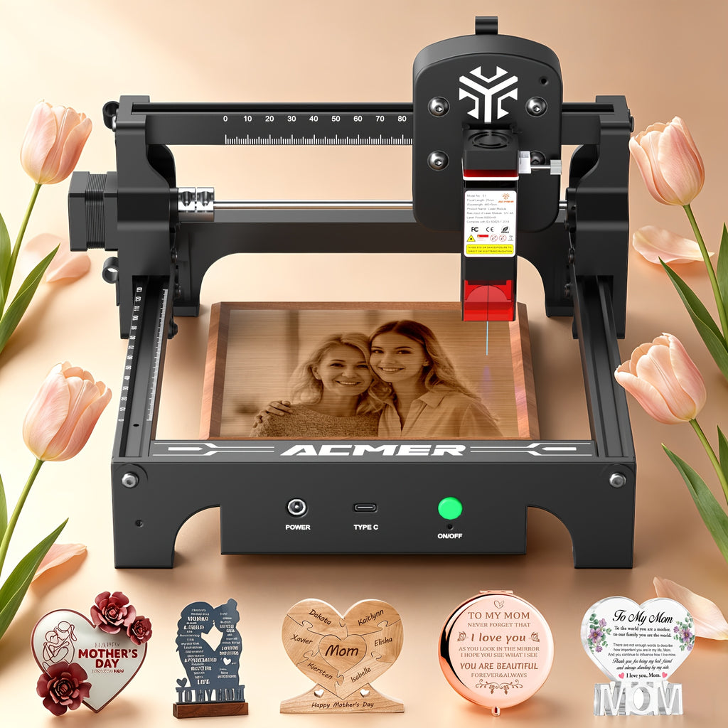 The ACMER S1 6000mW Laser Printer, Featuring Brand-new Text And Graphic Engraving Capabilities, Is The Ideal Tool for Creating Decorations And Mother's Day Gifts.