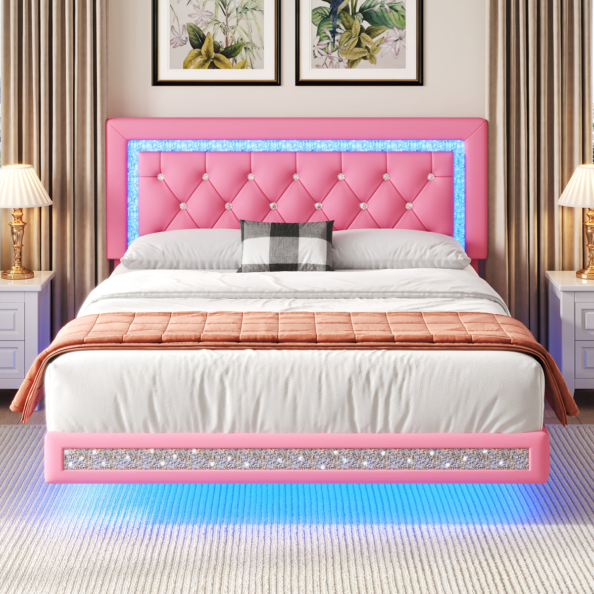 MRAEER Diamond Quilted Velvet Silent Full/Queen Bed Frame | LED Lights, Diamond Quilted Footboard, Adjustable Headboard, No Mattress Required, Easy Assembly, Available in Pink/White/Black, Powered, Contemporary Style, Christmas Gift