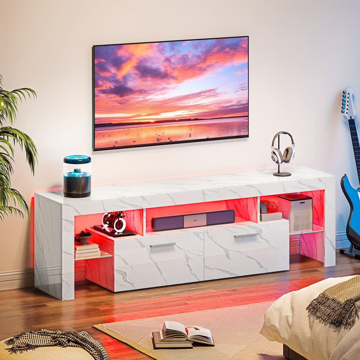66 Inch White Black Marble TV Stand For 75 Inch TV, LED Gaming Entertainment Center, Glossy TV Console Table With Storage Drawers And Glass Shelves Xbox PS5 Game Console Cabinet For Living Room