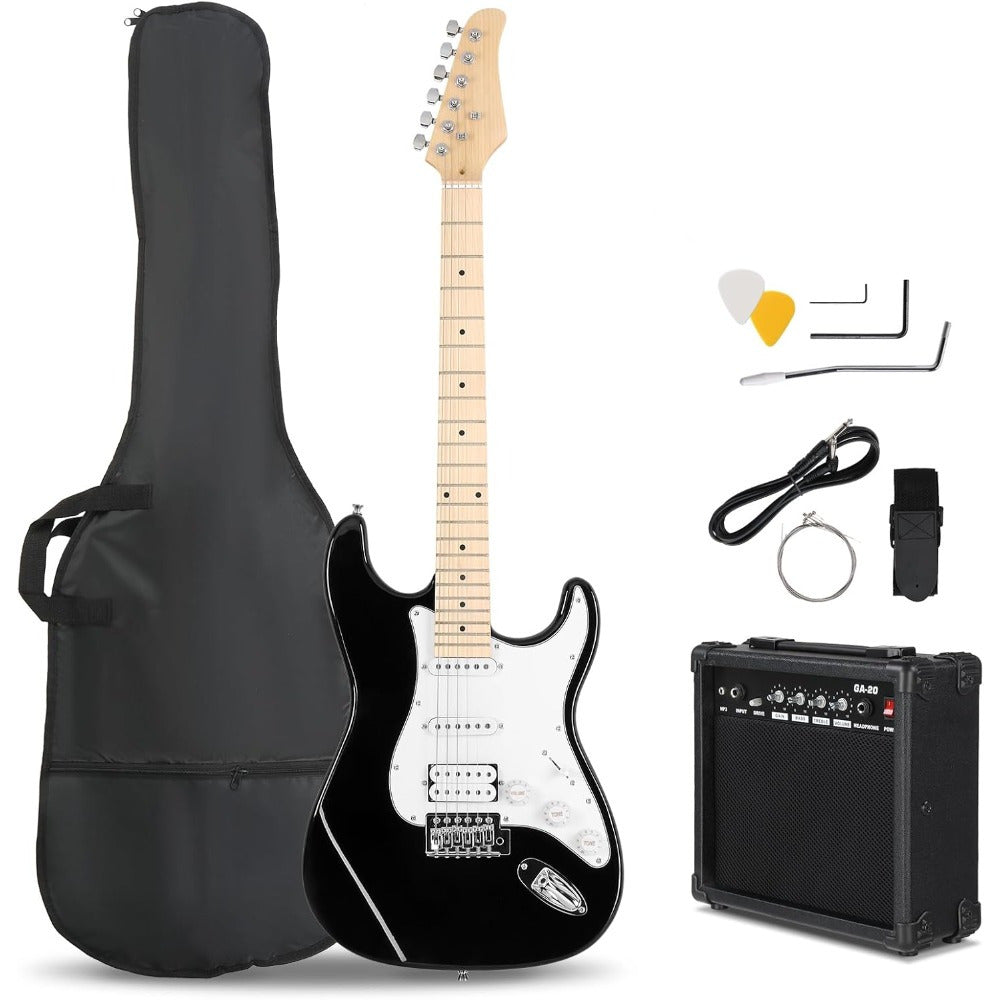 Electric Guitar Amp Set S-S-H Pickup Configuration, Maple Fretboard, White Finish with White Pickguard Christmas Gift/ Holiday Essential