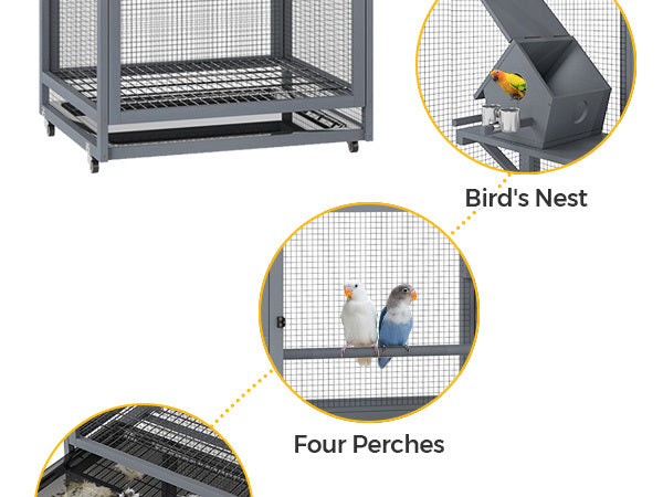 68.3''Enclosure Wood Tilted Flat Top Floor Bird Cage Equipped with Stand and Wheels