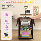 Foldable Heat Press Table, 3 Tier Movable Heat Press Stand With Vinyl Roll Holder, Heavy Duty Metal Shelf Cart For DIY Sublimation Transfer Machine And Printer, Brown