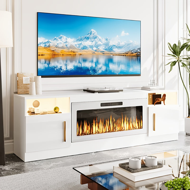 80" TV Stand Fireplace with 36" inch Electric Fireplace Up to 90" TVs, LED Light Entertainment Center, 80" Modern Wood High Gloss with Highlight Storage Cabinet for Living Room