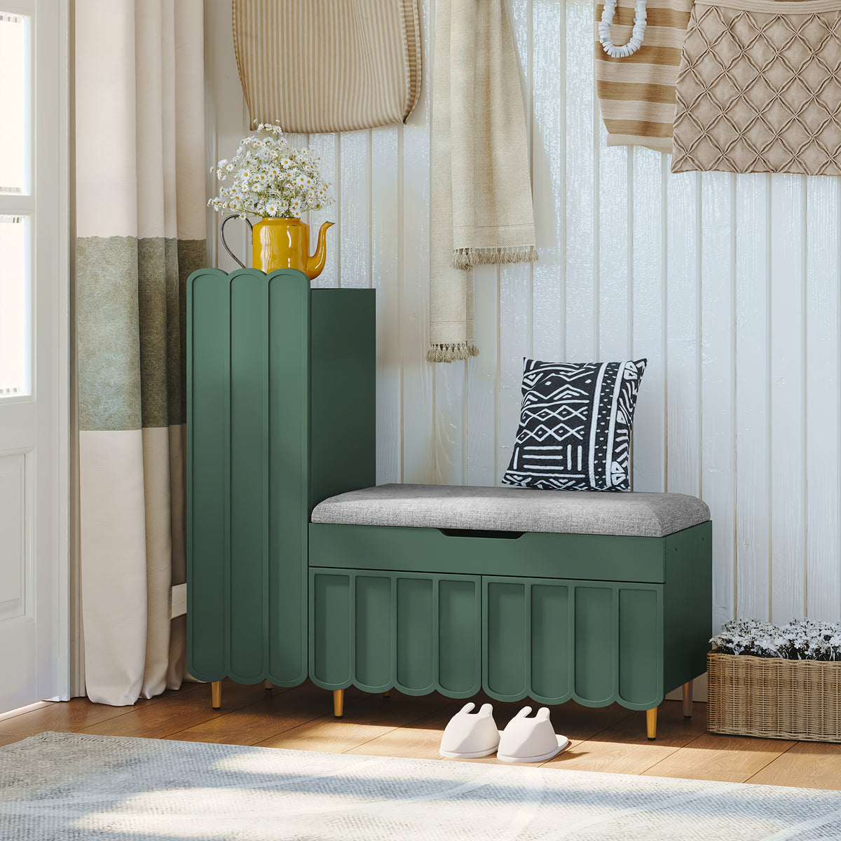 Shoe Organizer Cabinet, Entryway Bench With Adjustable Shelves And Cushioned Seat, Unique L-Shaped Bench Cabinet For Entryway