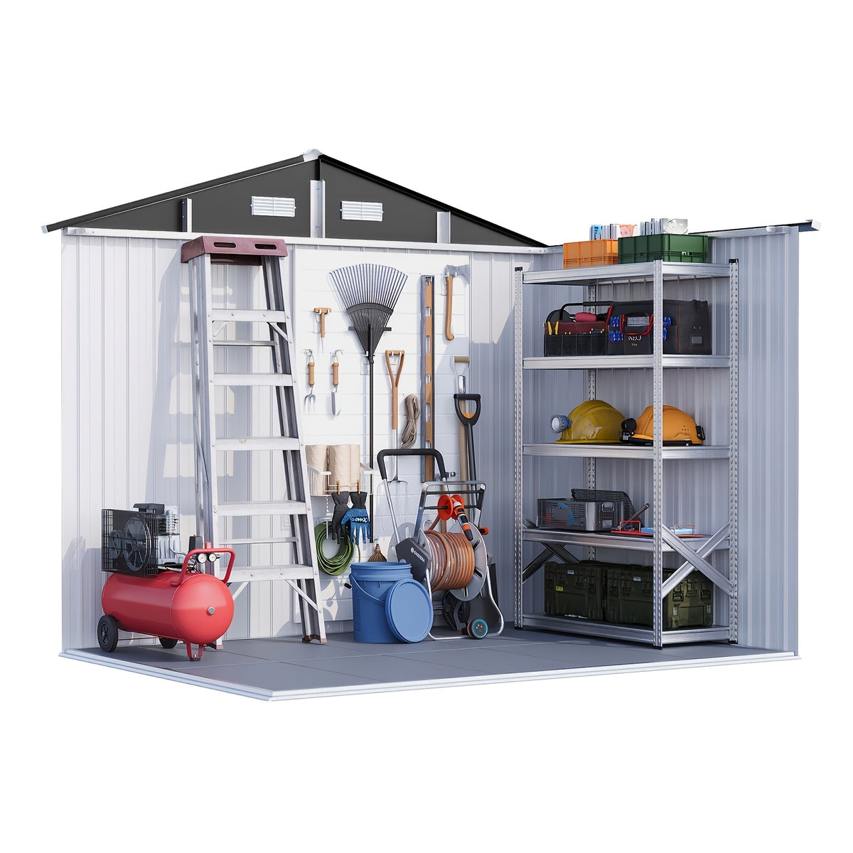 [Multi-Size Outdoor Shed] 6x4/8x6/10x8/10x12ft Multi-Size Outdoor Storage Shed, Standard & Floor-Equipped 2 Options, Gable Roof Ventilated Metal Utility Shed for Backyard Lawn