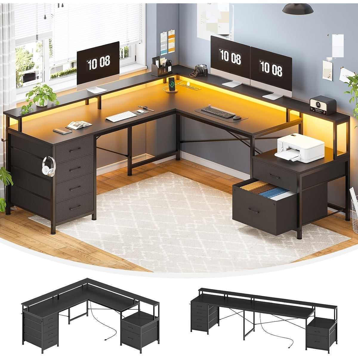 L-Shaped Office Desk with 6 Drawers And LED Lights, Corner Computer Desk with Monitor Shelf, Two-Person Desk