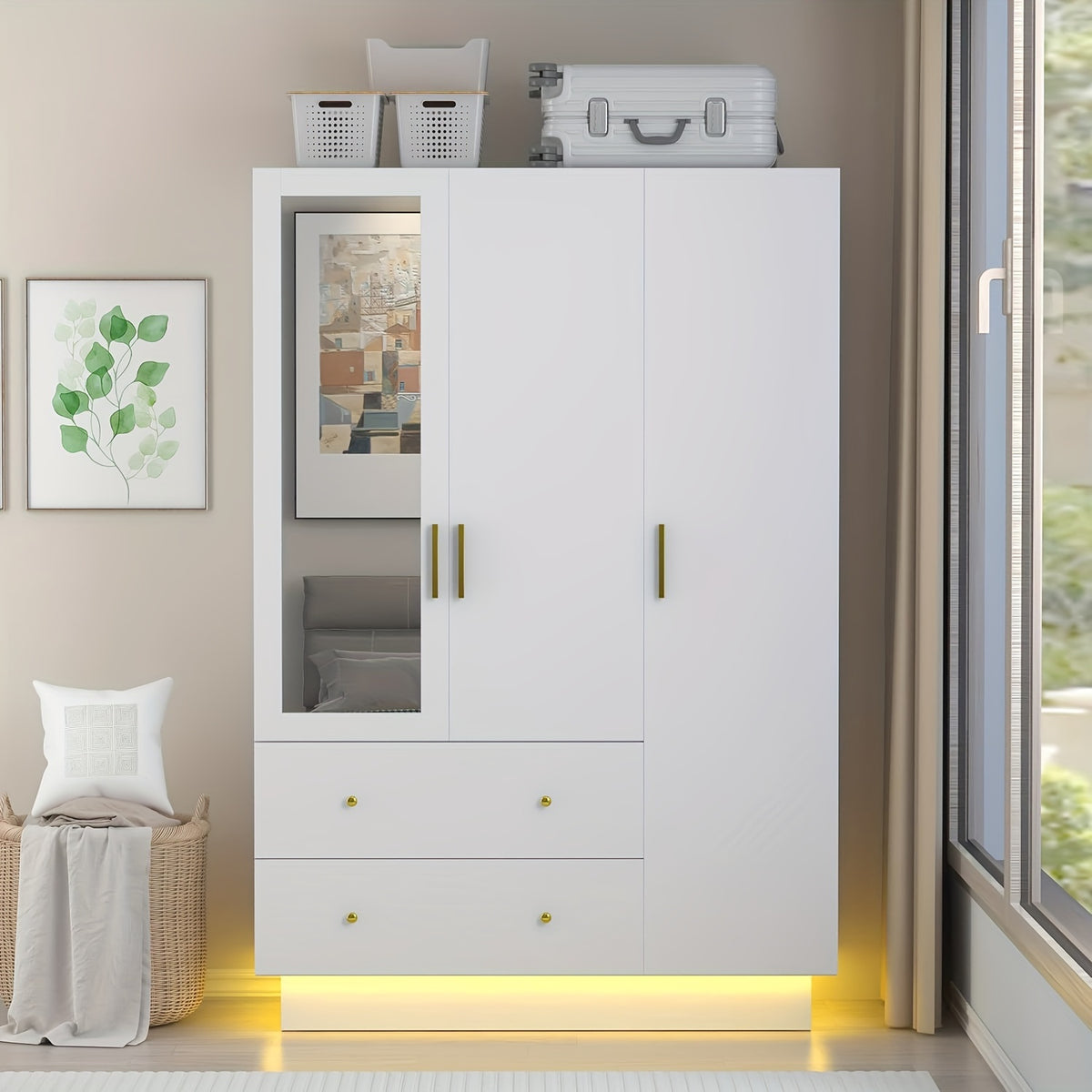 Modern Wardrobe Closet with Mirror And LED Lights, Bedroom Armoire with Drawers And Shelves, Wooden Closet Cabinet with Hanging Rod
