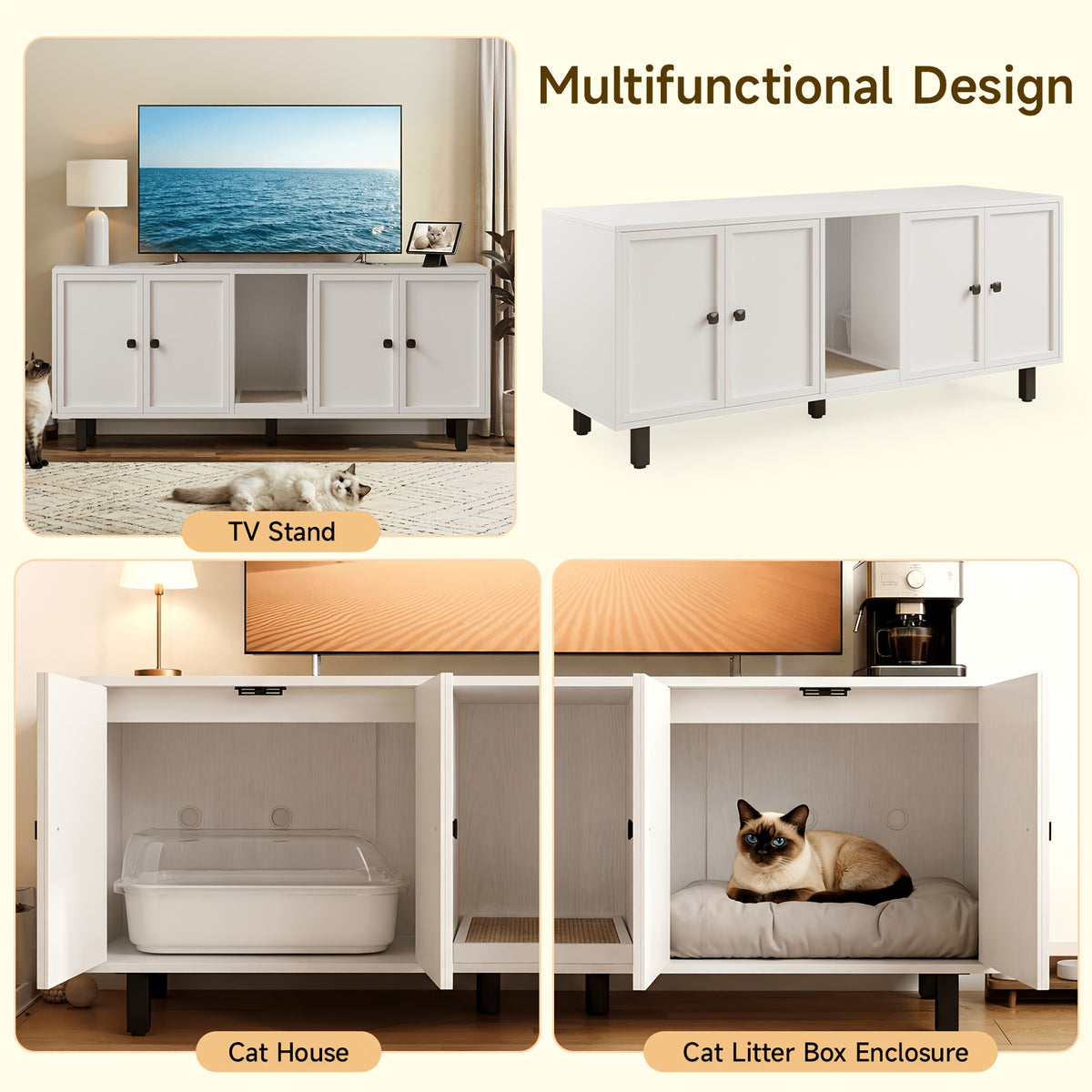 [Cat Litter Box Enclosure] 59 Inches Cat Litter Box Enclosure for 2 Cats, Hidden Litter Boxes Furniture with Cat Scratch Pad, Large Indoor Cat House with Double Room, Wooden TV Stand Side Table, Black