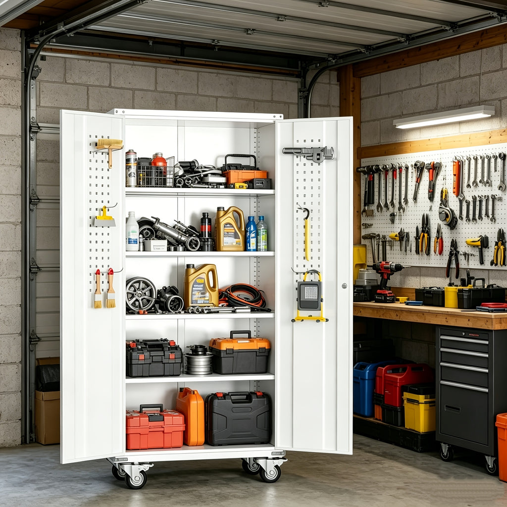Metal Storage Cabinet with Wheels, Pegboards, Locking Doors And 4 Adjustable Shelves, 71"H/72"H/73"H Tool Cabinet for Garage, Home, Basement, Kitchen