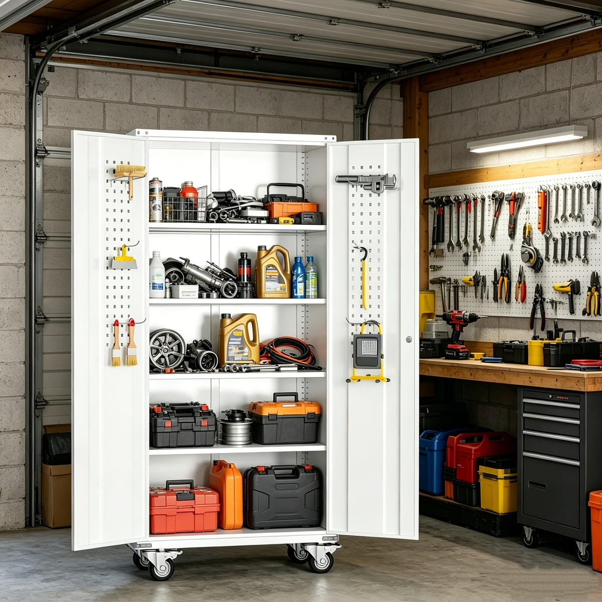 Metal Storage Cabinet with Wheels, Pegboards, Locking Doors And 4 Adjustable Shelves, 71"H/72"H/73"H Tool Cabinet for Garage, Home, Basement, Kitchen