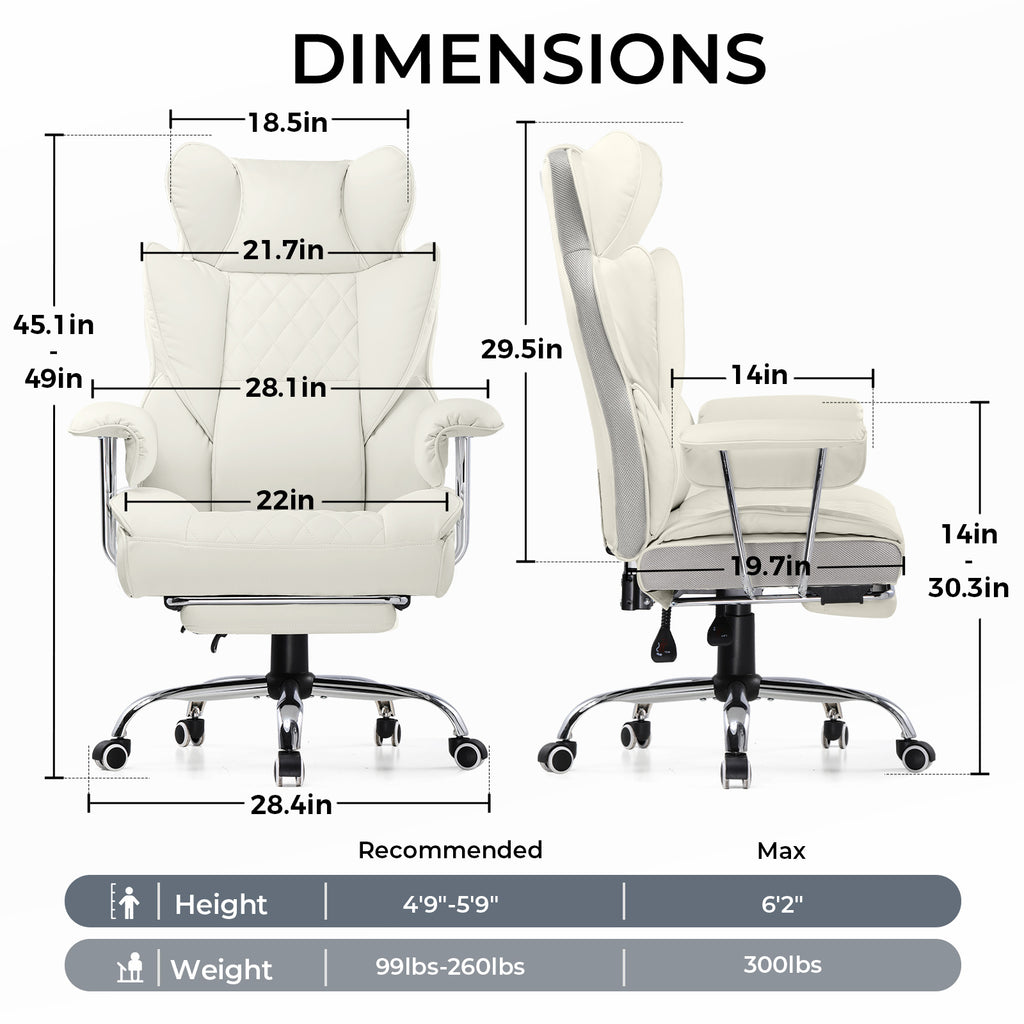 Executive Office Chair for Heavy People, Gaming Chair, Ergonomic Wide Desk Computer Chair with Pocket Spring Lumbar Support, Footrest, Outward Fixed Soft Armrests, High Back PU Leather, Height Adjustable, Big and Tall