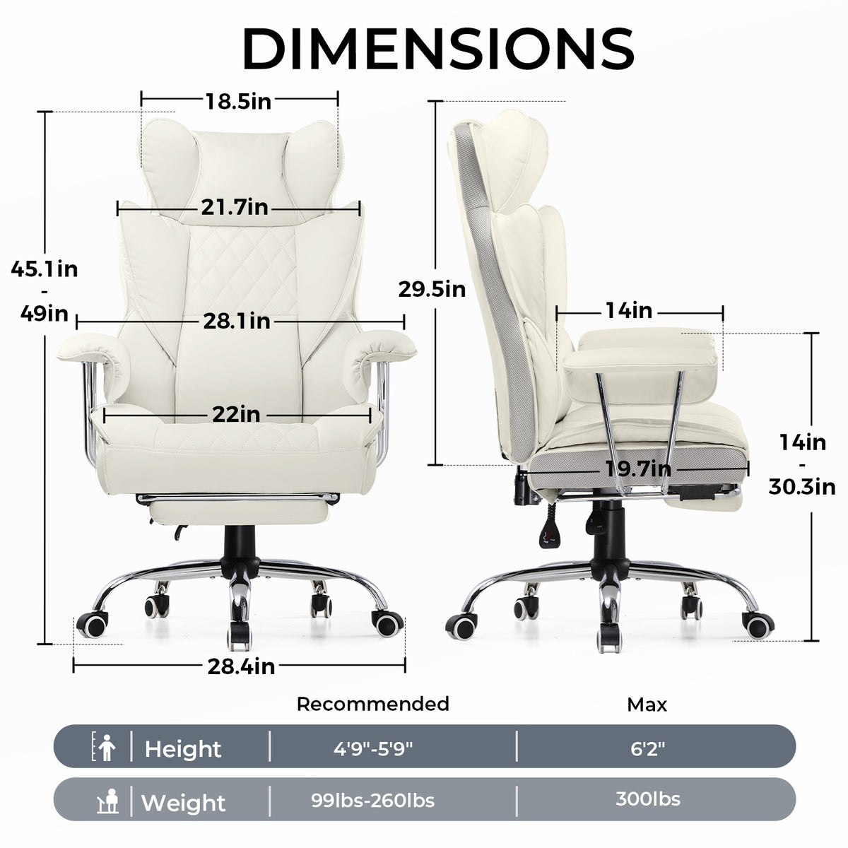 Executive Office Chair for Heavy People, Gaming Chair, Ergonomic Wide Desk Computer Chair with Pocket Spring Lumbar Support, Footrest, Outward Fixed Soft Armrests, High Back PU Leather, Height Adjustable, Big and Tall