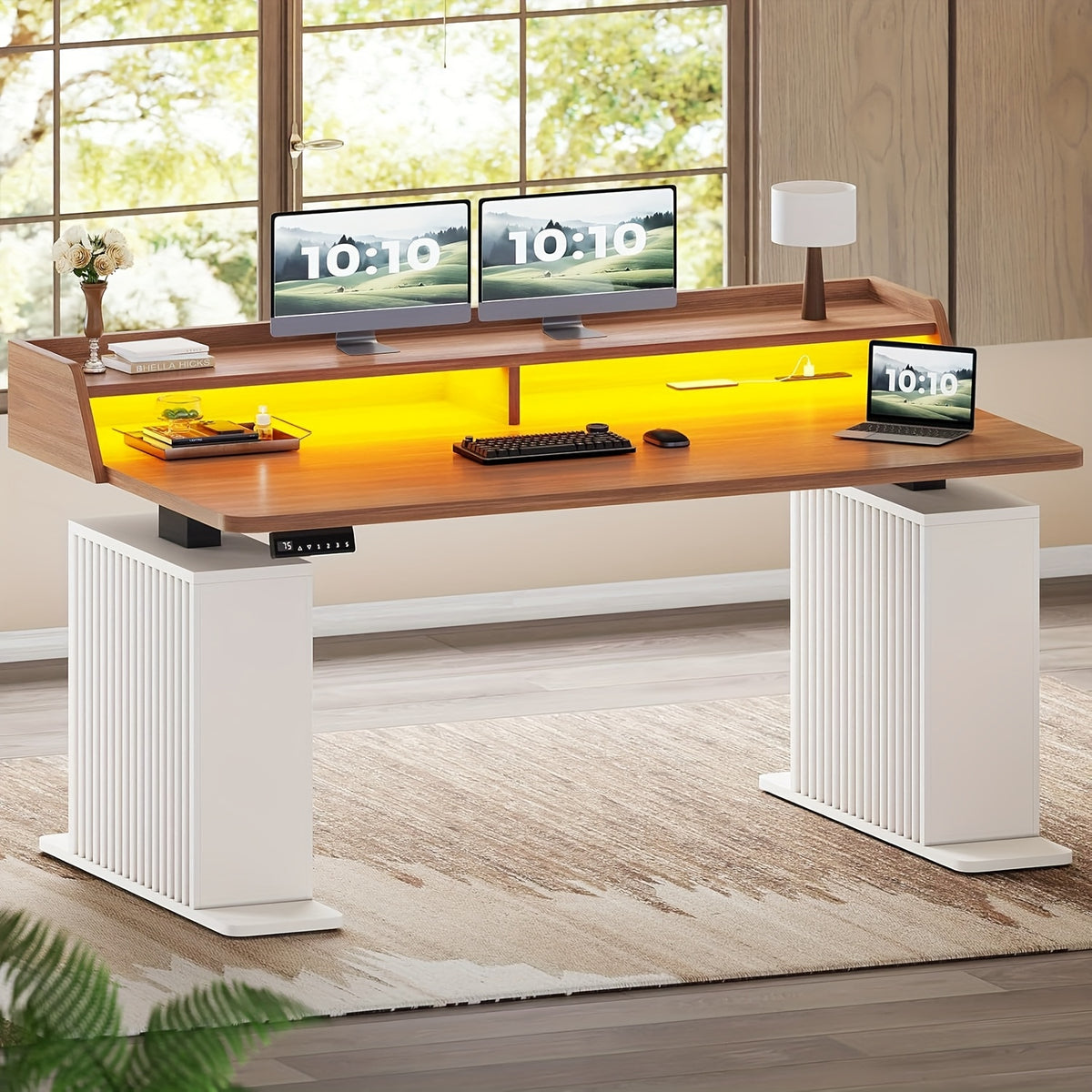 Electric Standing Desk for Home Offices, 55-Inch Farmhouse Workstation with Height Memory and Monitor Shelf