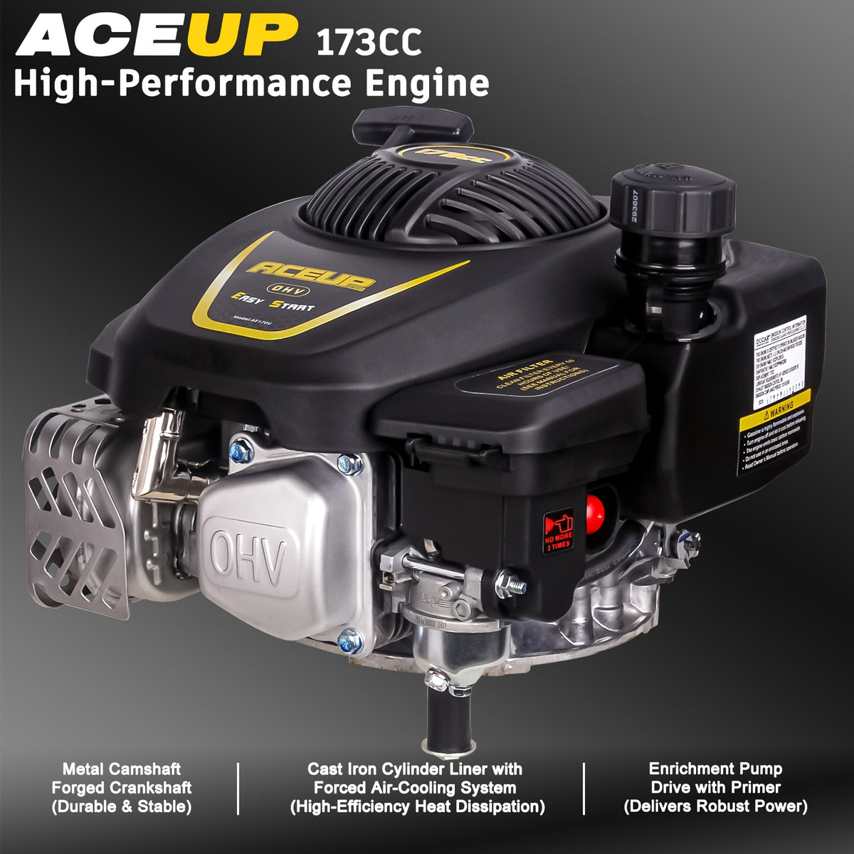 Aceup Energy Gas Engine Vertical Shaft, 4.4HP 173cc 4-Stroke OHV Gas Motor with Primer for Lawn Mower, EPA Compliant