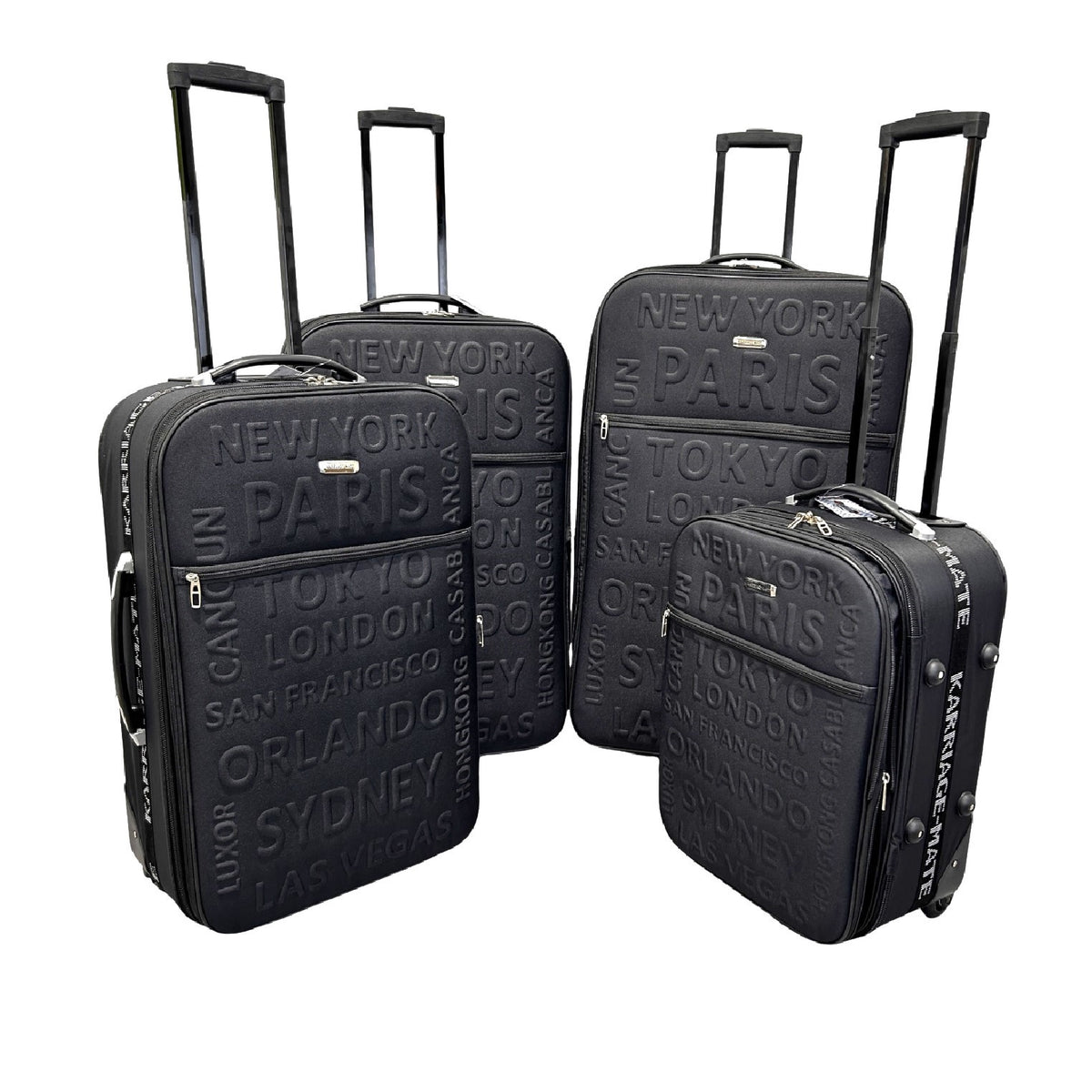 Karriage-Mate 4-Piece Expandable Softside Luggage Set – 20” Carry-On, 25”, 29”, 30” Suitcases – Lightweight Travel Bags with Embossed City Design – Durable Fabric, Telescopic Handles, built-in Lock – Black, Grey, Purple