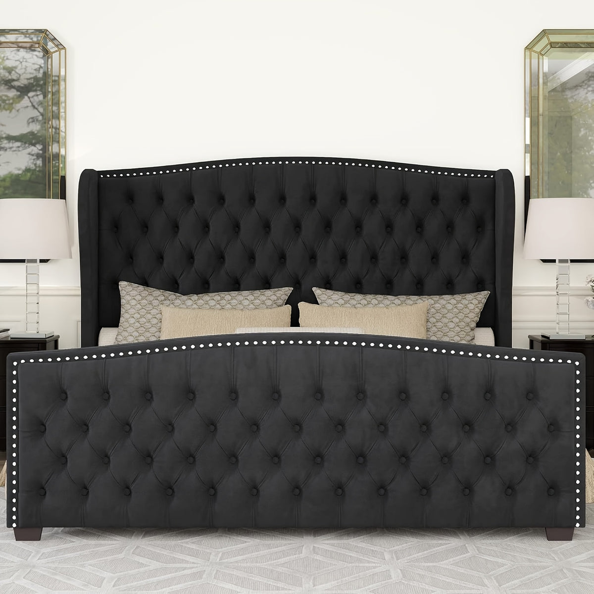 Platform Bed Frame, Velvet Upholstered Bed with Deep Button Tufted & Nailhead Trim Wingback Headboard/No Box Spring Required/