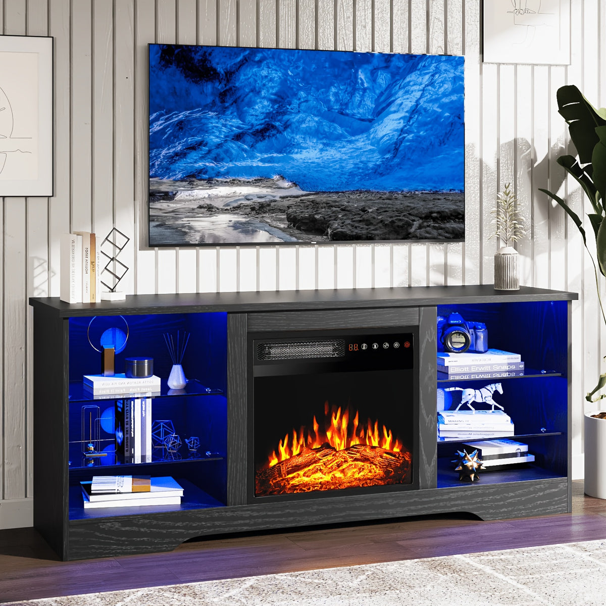 Modern TV Stand with Electric Fireplace - Black Media Console, Adjustable Glass Shelves & Storage Cabinets, Open Shelving, Sturdy Floor-Standing Entertainment Center for Living Room, Compatible with TVs, Gaming consoles, Streaming devices - Easy Assembly