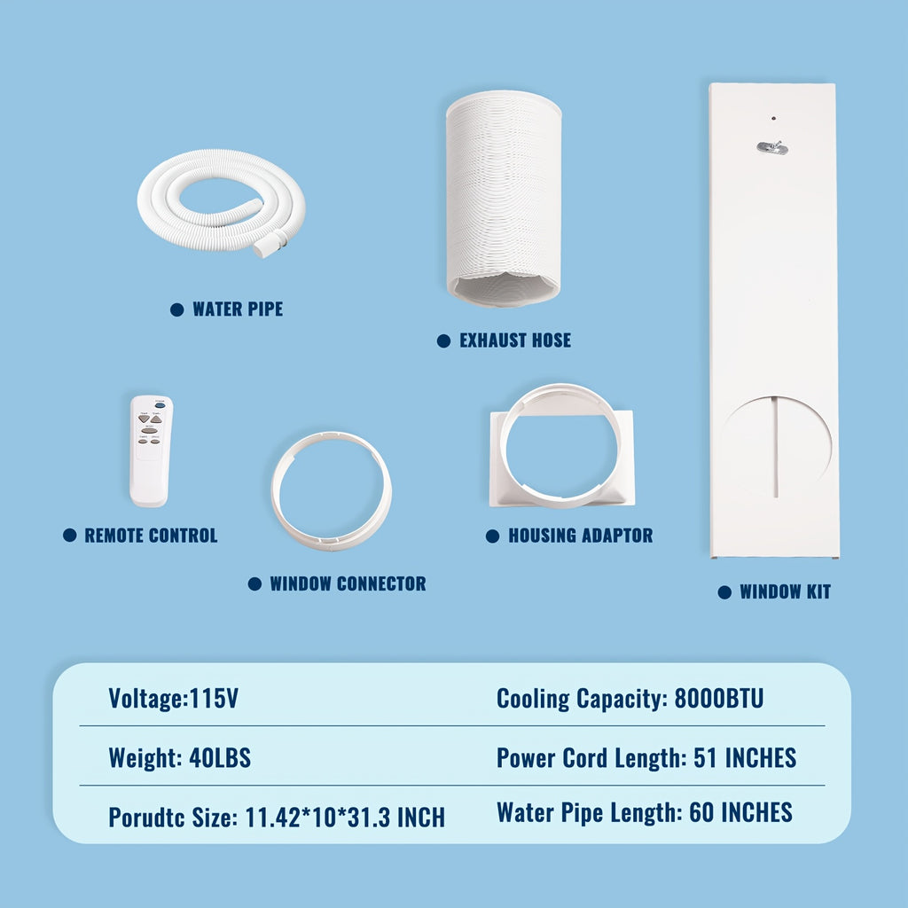 Portable Air Conditioner 8000 BTU, Remote Control, Fan Mode, Cools 250sq. Ft, 24 Hour Timer, Quiet Operation, 2 Fan Speed for Bedroom Office Home Dorm