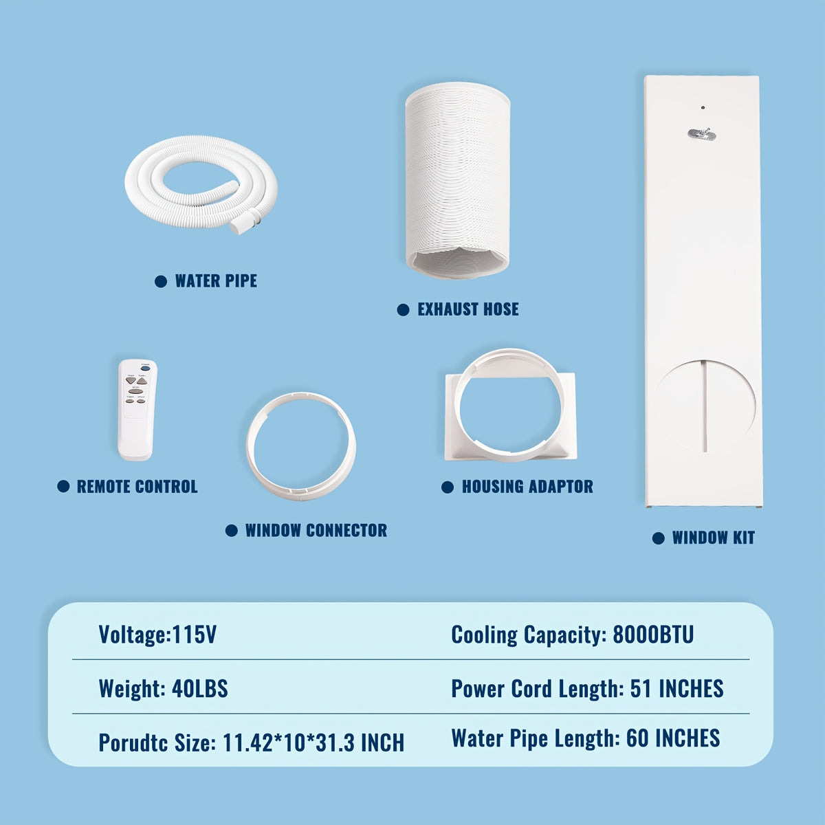 Portable Air Conditioner 8000 BTU, Remote Control, Fan Mode, Cools 250sq. Ft, 24 Hour Timer, Quiet Operation, 2 Fan Speed for Bedroom Office Home Dorm