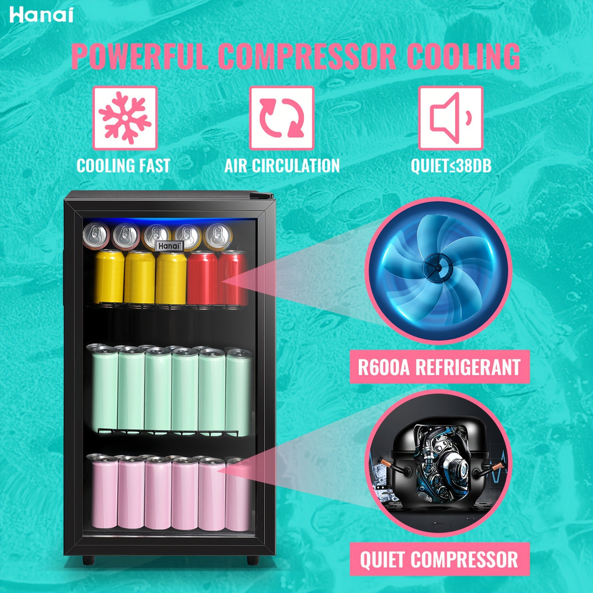 WANAI Beverage Refrigerator 125 Can Mini Fridge Cooler Black Mini Fridge Glass Door for Soda Juice Small Drink Cooler Machine Clear Front Removable for Home Office Bar Freestanding