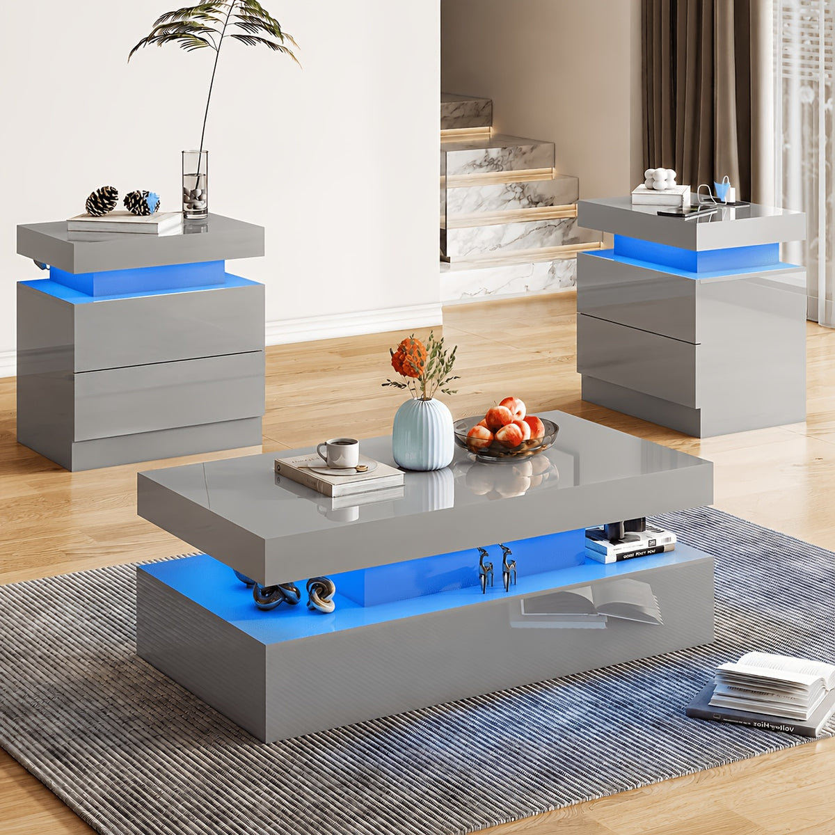 Living Room Table Set with LED Lighting — High-Gloss 2-Tier Coffee Table and Two Charging End Tables