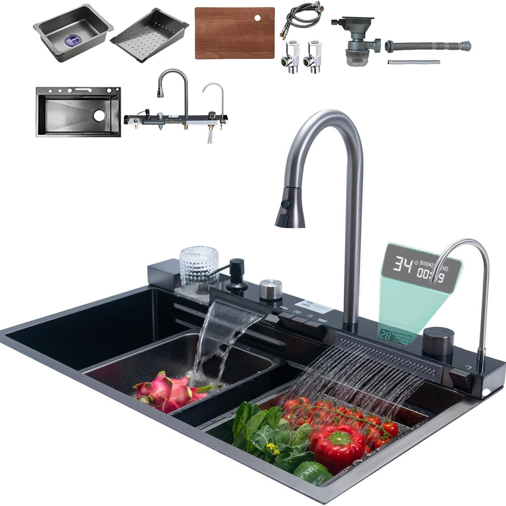 BRONCHO 33X22 INCH Two Waterfalls Nano Kitchen Sink, Stainless Steel Smart Kitchen Sinks, Multifunctional Workstation Kitchen Sink with Digital Display Pull-Out Faucet and Accessories