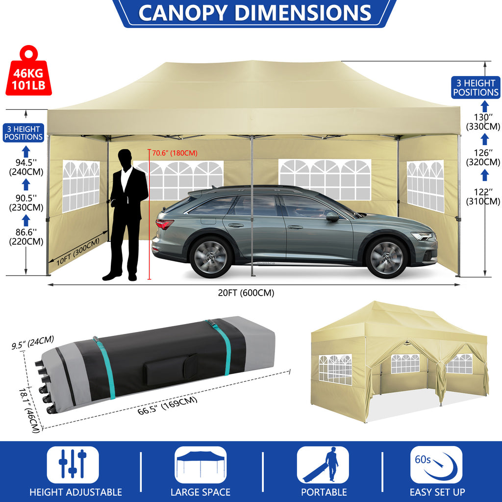 10x20 Pop Up Canopy Tent, Heavy Duty Canopy with 6 sidewalls, Easy Up Commercial Outdoor Canopy, Wedding Party Tents for Parties, All Season Wind & Waterproof Gazebo with Roller Bag, Pop Up Canopy for Wedding, Commercial Areas, Playgrounds, etc