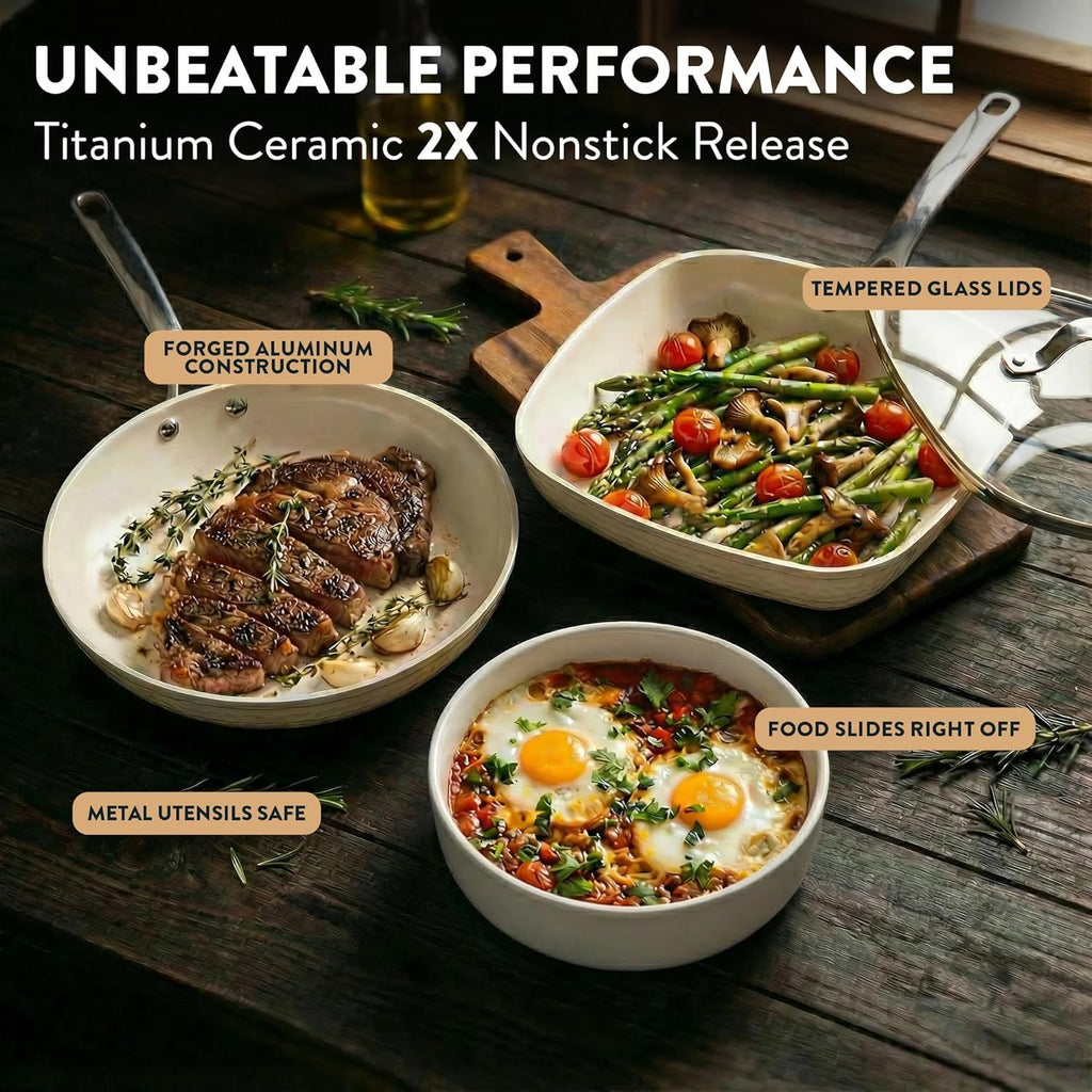 Gotham Steel Hammered 20 Pc Ceramic Cookware Set Nonstick, True Ceramic Pots and Pans Set Non Stick with Deep Square Pan Set & Bakeware Set, Non Toxic PFOA PFOS Free, Oven & Dishwasher Safe