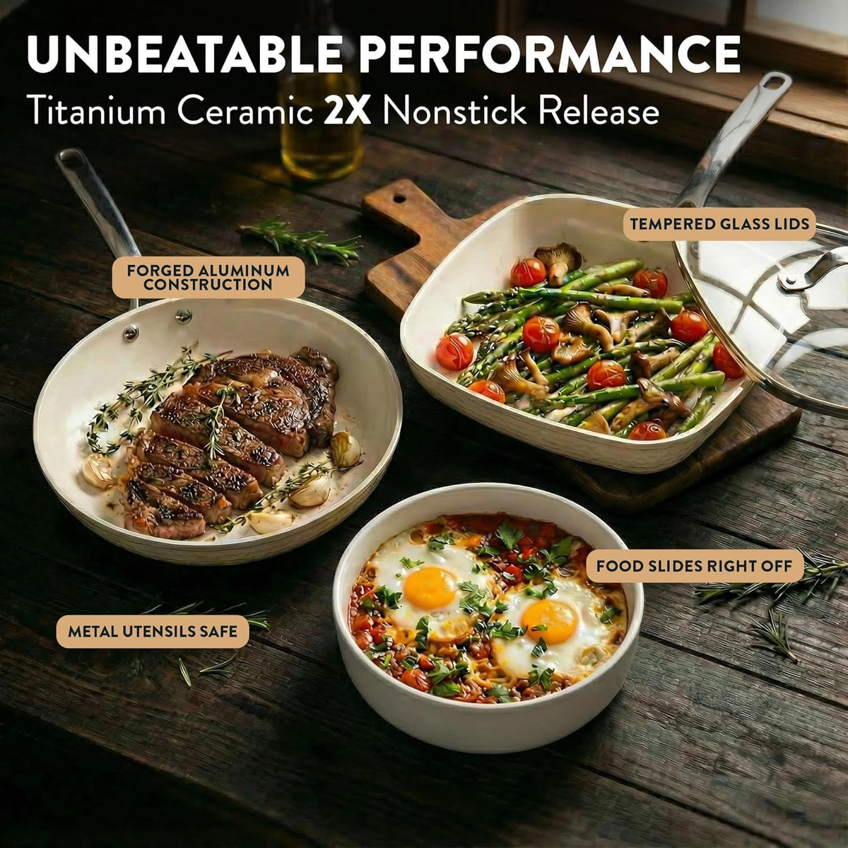 Gotham Steel Hammered 20 Pc Ceramic Cookware Set Nonstick, True Ceramic Pots and Pans Set Non Stick with Deep Square Pan Set & Bakeware Set, Non Toxic PFOA PFOS Free, Oven & Dishwasher Safe