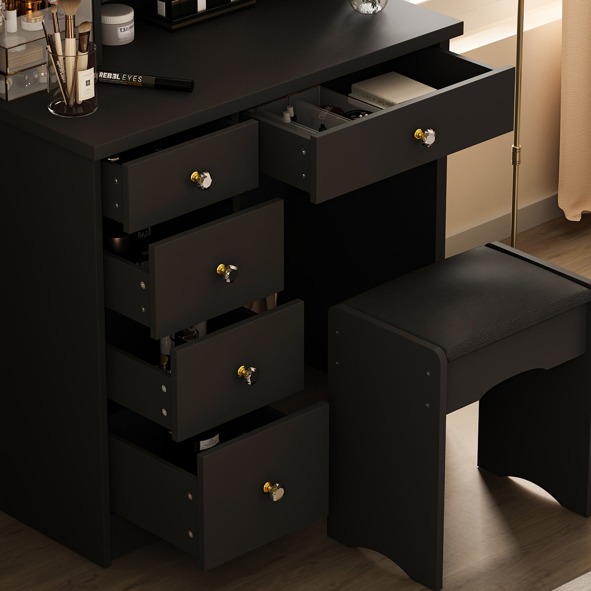 Unique Black Dressing Table Set, With LED Light Mirror, Open Storage Shelves And Stool, Modern Bedroom Dressing Table, Black