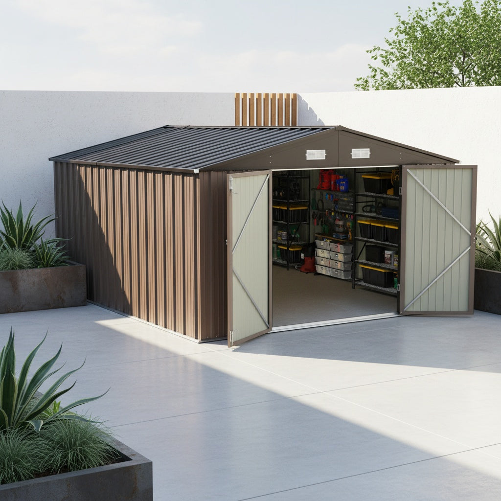 GUNJI Heavy-Duty 10X14 FT & 5X3 FT Metal Garden Shed With Double Hinged Large DoorSecure Tool Sheds & Backyard Organization For Outdoor Storage Solutions, Patio Storage, Garbage Can, Chicken Coop