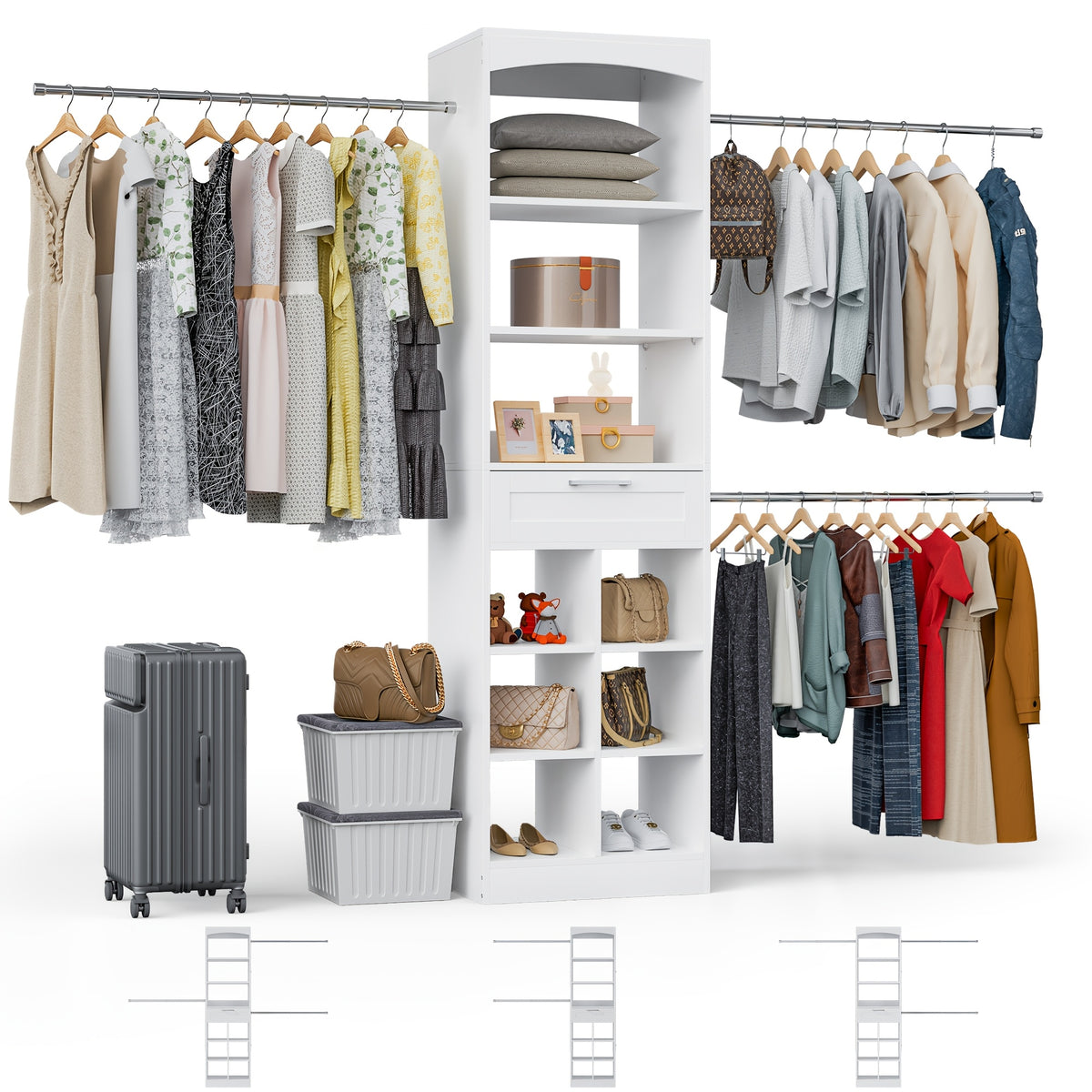 4-8ft Tall White Modern Closet System Organizer Tower with 10 Drawers & Shelves, Heavy-Duty Modular Wardrobe Storage with Hanging Rods, Fits 60-96.7" Walk-In Closets, Assembly (Space-Saving)