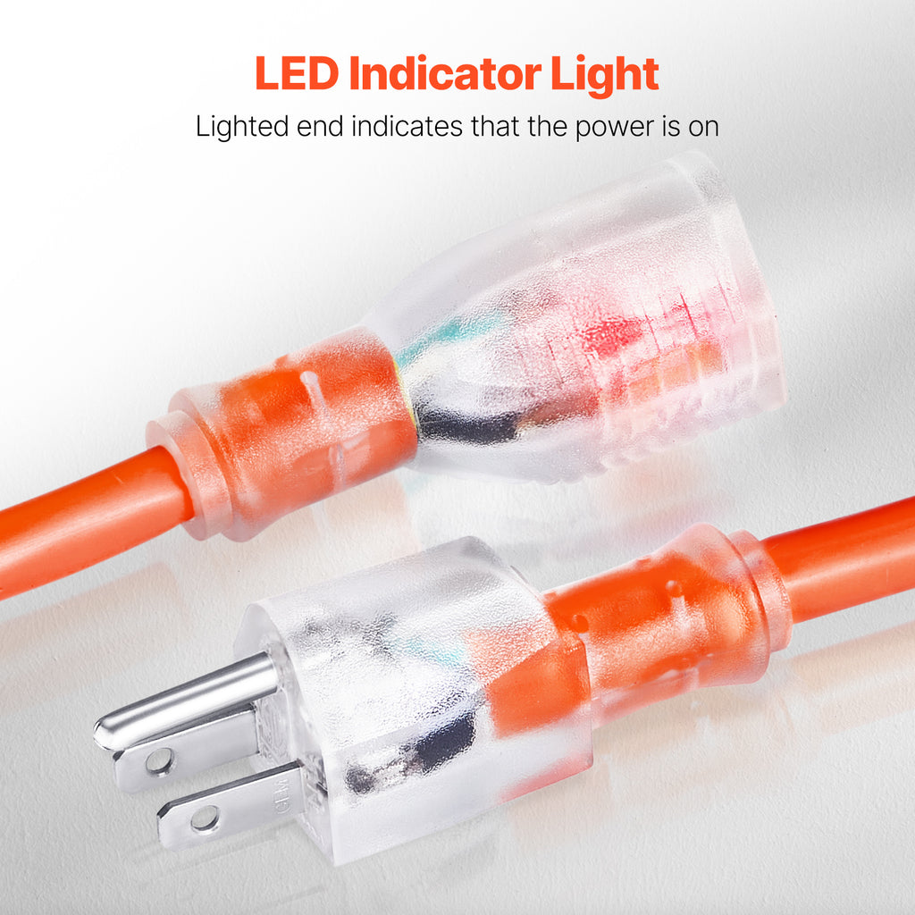 VEVOR 100FT Heavy Duty Extension Cord 16/12AWG 10/15A 1250W/1875W 3 Prongs with Lighted End