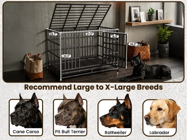 [With Wheels] 42 IN/48IN Heavy Duty Dog Crate Metal Dog Cage With Wheels And Escape-Proof Locks Double Doors Top Opening Large Dog Kennel Removable Tray Easy Assembly Chew-Proof For Big Dogs