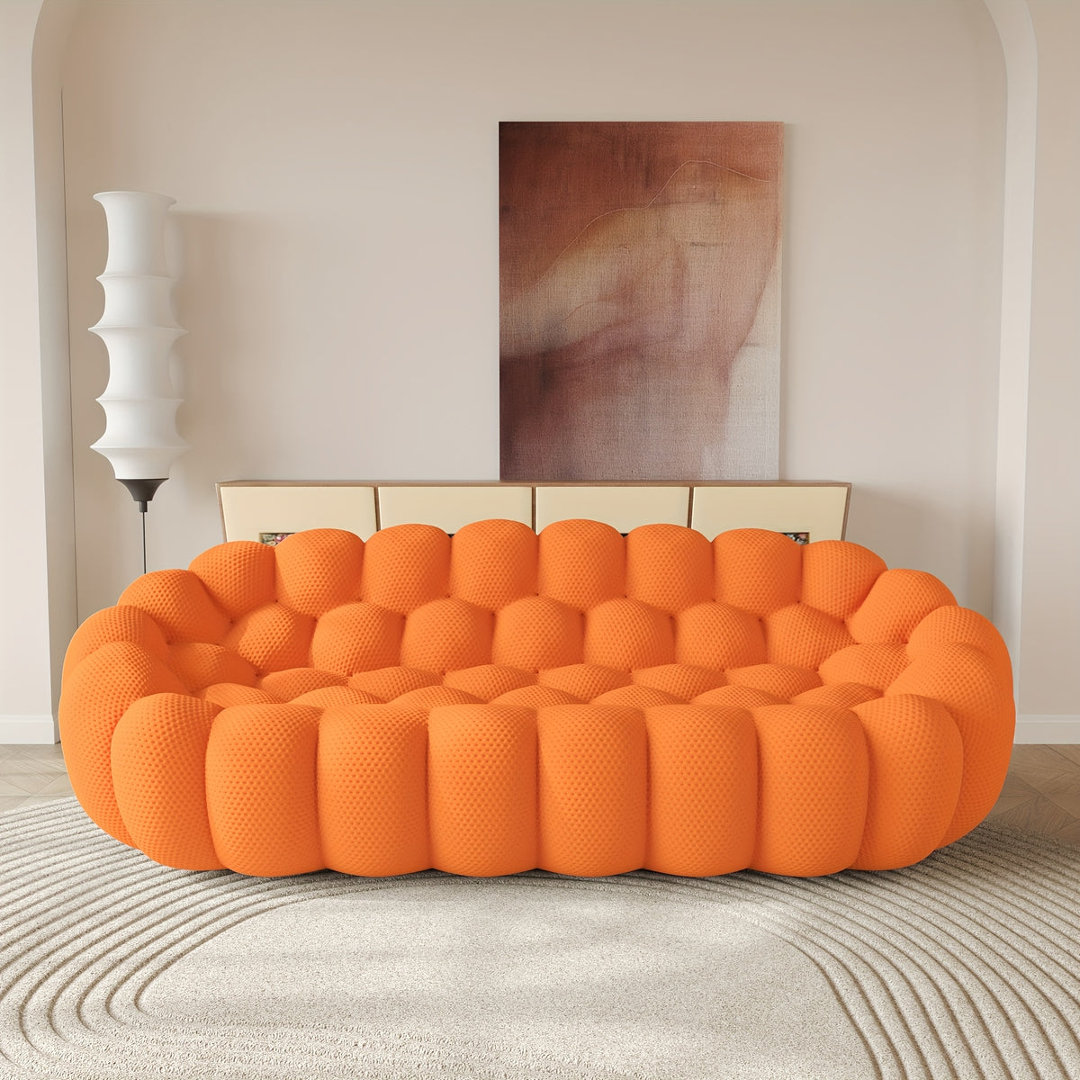 100.03'' Modern Upholstered Curved Sofa, 3 Seater Mesh Fabric Floor Sofa, 3D Honeycomb Shape Curved Couch for Living Room