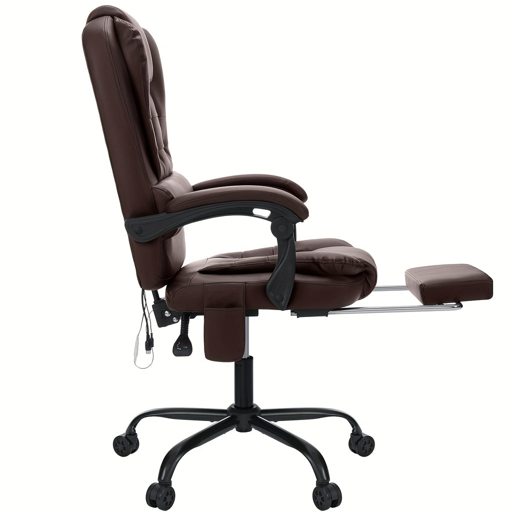 Office Chair Designed for Executives Featuring a 7-Point Massage System, Lumbar Support, And a Swivel Base. It Has a High Back Made of Leather And Includes a Reclining Footrest, Suitable for Home Office Use.