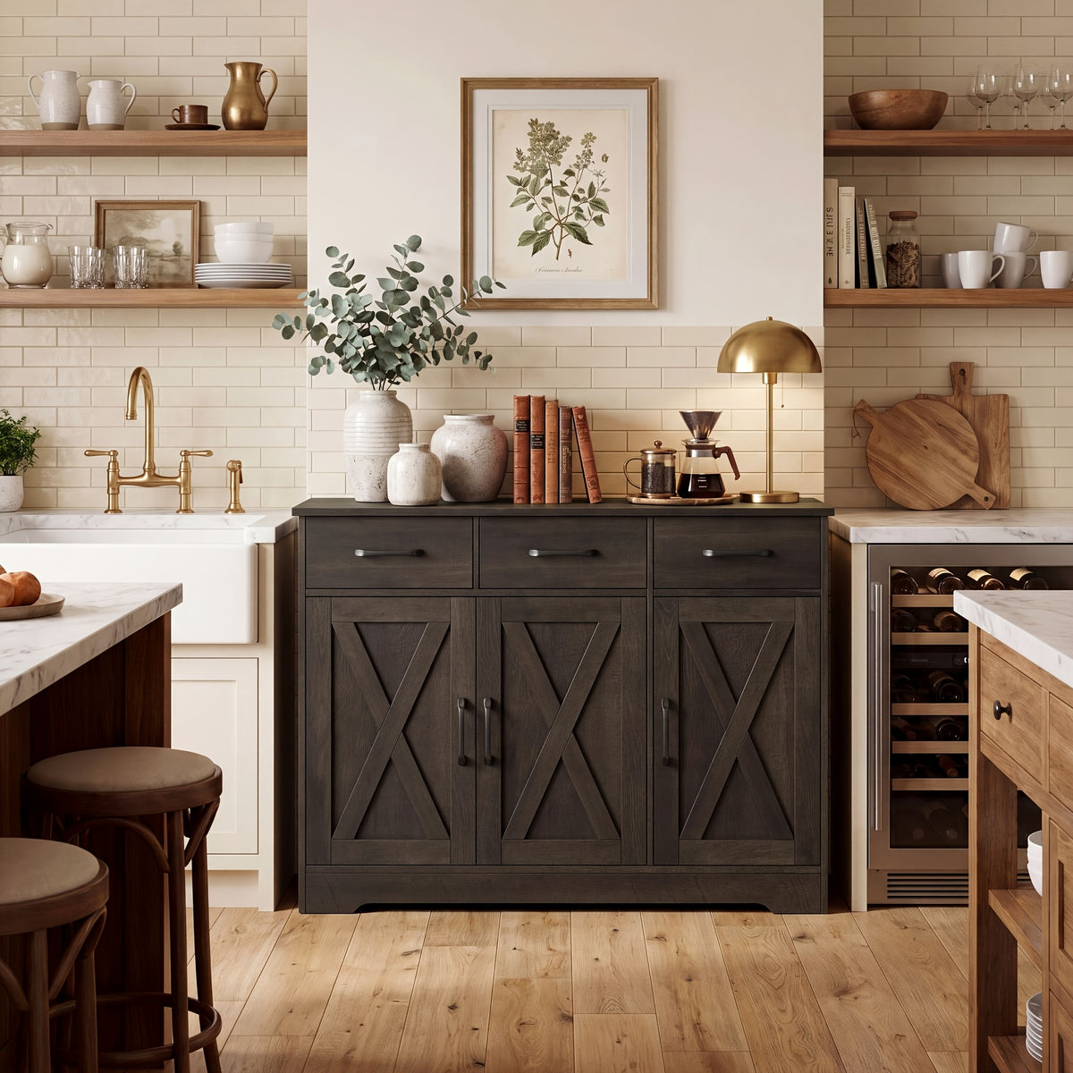 FULTRU Modern Farmhouse Cabinet with Barn Door & Sliding Panel Doors Suitable for Kitchen, Dining Room Storage, Freestanding Buffet Furniture with Drawers and Open Shelves, Assembly Required, Multifunctional Sideboard