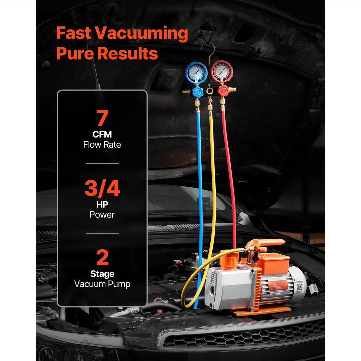 VEVOR AC Vacuum Pump and Gauge Set, 7 CFM 3/4 HP, Two Stage Rotary Vane HVAC Vacuum Pump, A/C Manifold Gauge Kit, for R22 R410a, with Leak Detector Carry Bag Hose, for Auto HVAC Air Conditioning