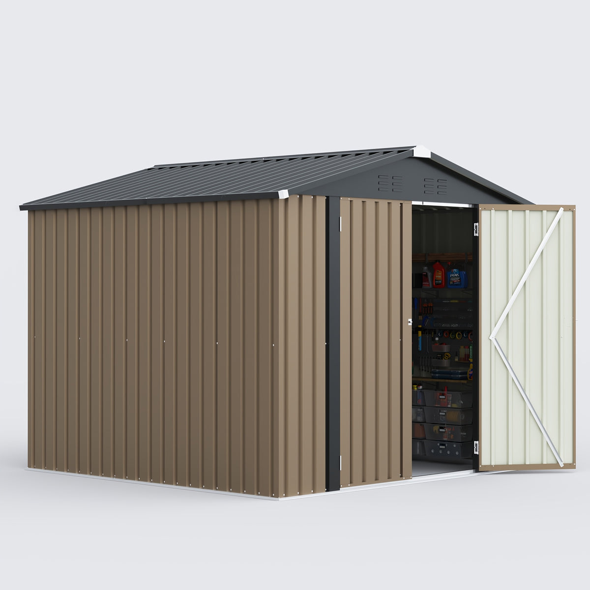 GUNJI 10X10 FT & 8 X 8 FT Outdoor Steel Storage Shed Metal Building Tiny House Lockable Door, Vertical Outside Storage Building For Garden, Backyard, Lawn, Patio Utility, Tool Storage, Bike Carport, Free Shipping