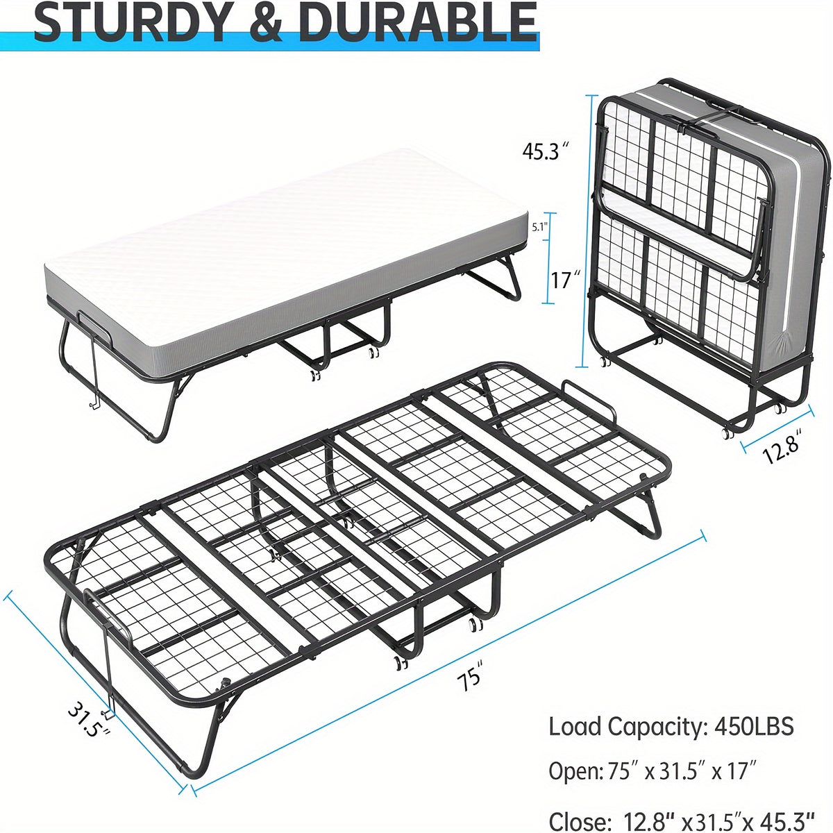 Folding Bed with Mattress, 75" X 31" Roll Away Beds for Adults, Metal Frame Fold Up Beds with Memory Foam Mattress, Guest Bed