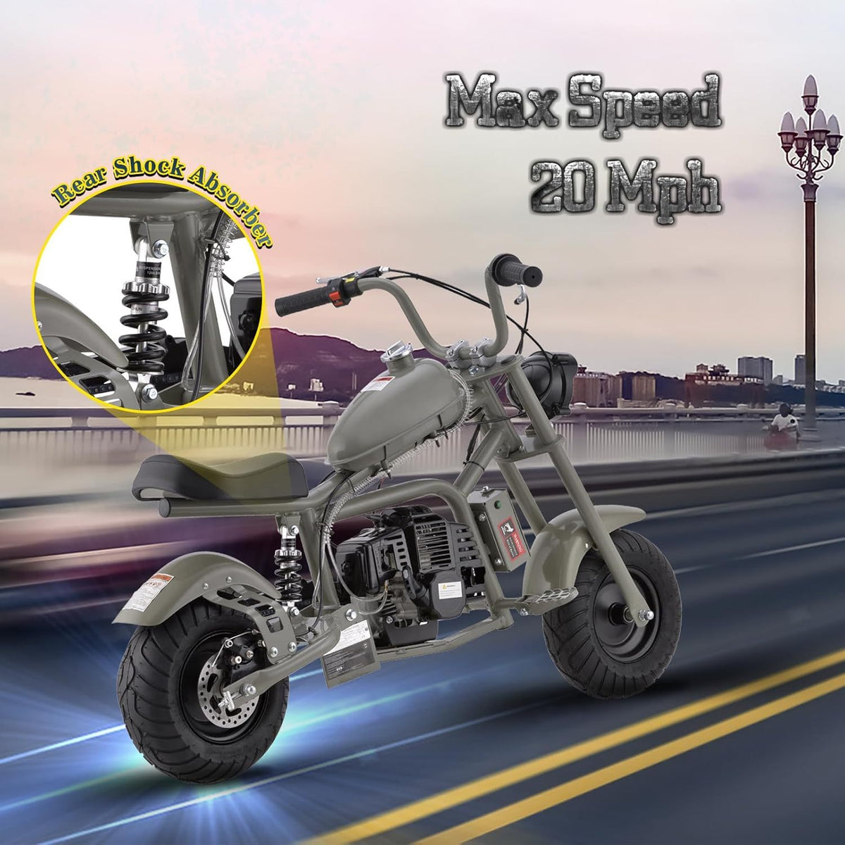 Gas Mini Chopper Bike, DB003 Model 40CC4-Stroke Dirt Bike with Big Headlight, Rear Shock Absorber, Metal Frame, Disc Brakes, Max Load 165Lbs, Up to 20Mph, Product name: gas mini dirt bike, chopper bike