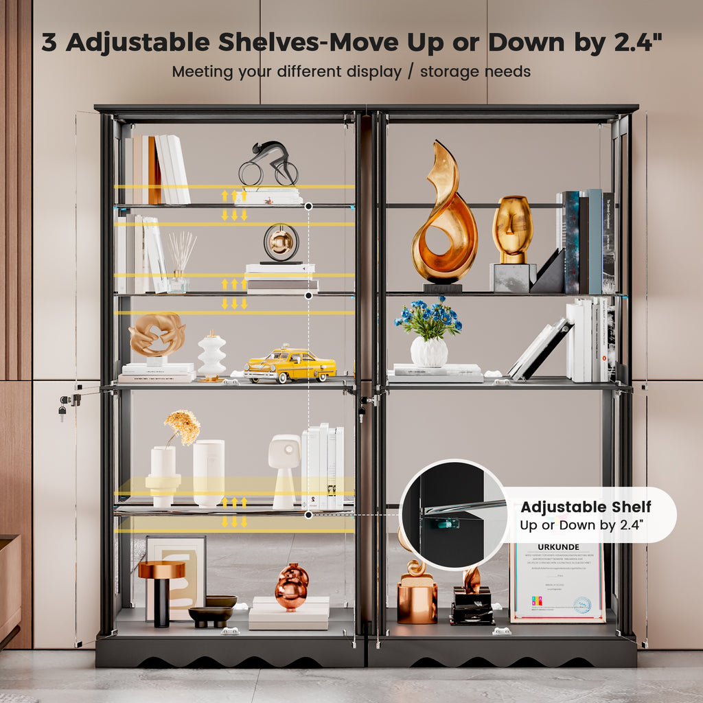 Display Cabinet with Glass Doors, 71'' Tall Curio Cabinet with RGB Lights for Collectibles, LED Display Case with Removable Shelf for Book/Medal/Figure, Black And White