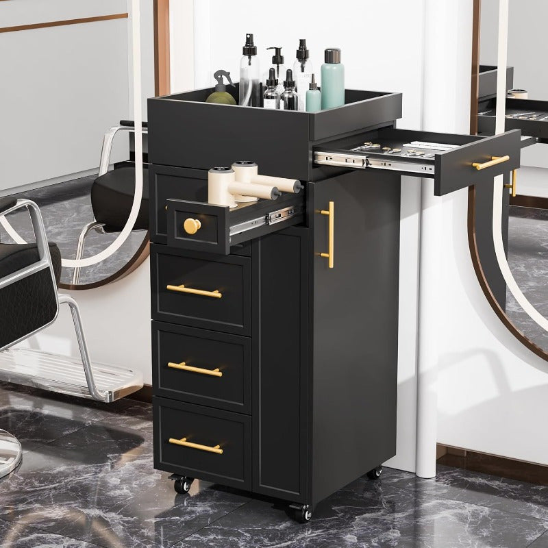 Heavy-Duty Salon Trolley Cart with 5 Drawers, 3 Tool Holders & Adjustable Shelf - Mobile Beauty Station with Locking Wheels, Large Top Surface - Sturdy Wooden Construction for Barber Shop, Salon, Spa, Home - Space-Saving Organizer Cabinet (White/Black) -